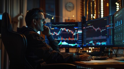 Obraz premium Male trader sits in his home office in front of screens with graphs and financial charts, predicts,