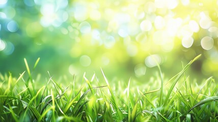 Lush green grass with a bokeh background - A vibrant, lively picture of fresh green grass with a sparkling bokeh effect in the background, symbolizing new beginnings and growth