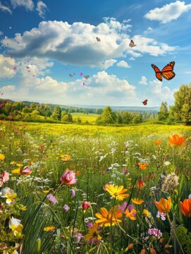 Lush Meadow with Butterflies and Flowers - A vibrant image showcasing a lush meadow brimming with colorful wildflowers and fluttering butterflies under a clear blue sky