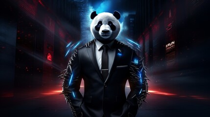 A panda in a full-length business suit stands against a dark, mysterious backdrop, embodying a unique blend of authority and elegance, Futuristic