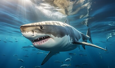 A sleek white shark swims in the quiet sea.
