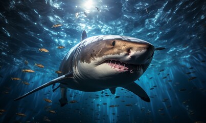 A sleek white shark swims in the quiet sea. Generative AI
