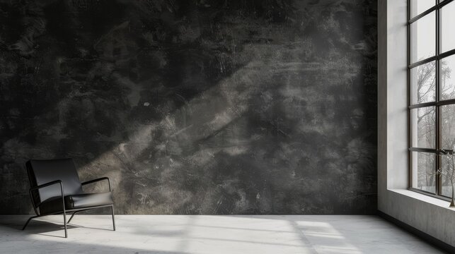 A studio room featuring a black cement wall, perfect as a backdrop for showcasing products, with natural light enhancing the free space background