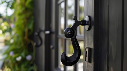 Focusing on the elegance of security, a close-up of black cabin hooks reveals innovative design ideas for protected window and door locks