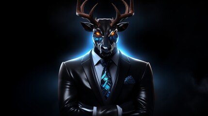 Full-length portrait of a reindeer in a business suit, its majestic stance highlighted against a dark background, exuding elegance and power, Futuristic