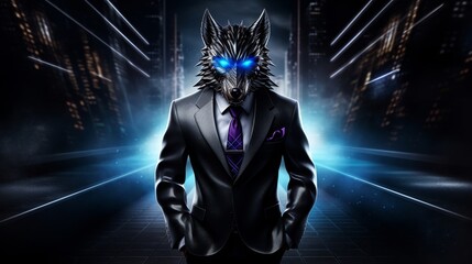 Full-length shot of a wolf, exuding authority and sophistication in a business suit, set against a dark and enigmatic background, Futuristic