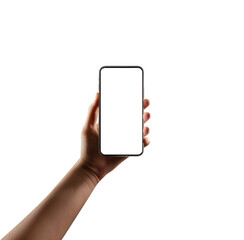 long hand holding Smartphone iPhone 15 pro or Iphone 16 pro as png photo and isolated on transparent background for your mobile phone app or web site design, phone mockup, Global Business technology - obrazy, fototapety, plakaty