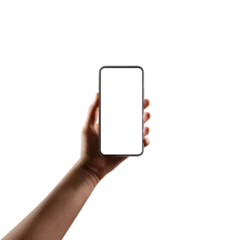 Foto auf Alu-Dibond long hand holding Smartphone iPhone 15 pro or Iphone 16 pro as png photo and isolated on transparent background for your mobile phone app or web site design, phone mockup, Global Business technology © Mardy Elzaawely