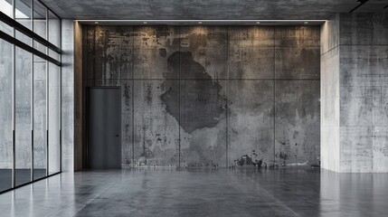 Fototapeta na wymiar Studio space highlighted by a smoke cement concrete wall, offering a chic and spacious background for diverse product setups