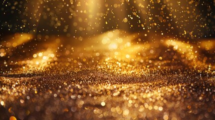 Fototapeta premium twinkling golden glitter falling on a flat surface lit by a bright spotlight