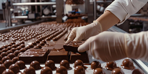 close up shot shows hands in white gloves placing chocolate bars on top of the confectionery ground covered with milk chocolate balls, generative AI
