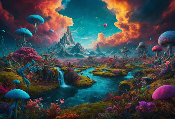 surreal colorful fantasy landscape , pop art - obrazy, fototapety, plakaty