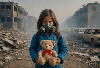 Children wearing masks holding a teddy bear to prevent air pollution in polluted city and contaminated garbage.
