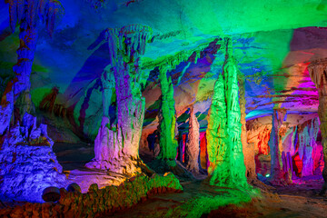 The Silver Cave, natural limestone cave with multicolored lighting in Guilin