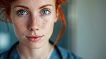 Red-haired woman with piercing blue eyes - Close-up portrait of a woman with striking red hair and vibrant blue eyes, giving an intense look