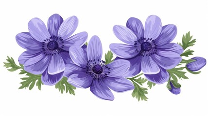 Cluster of Anemone Coronaria Flowers Artwork - Gorgeous digital art of Anemone Coronaria flowers with detailed petals and leaves
