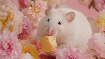 A white rat is eating a piece of cheese surrounded by pink flowers in a garden