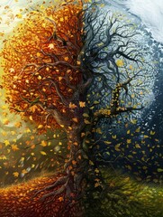 Vibrant dual-season conceptual tree artwork - This striking image captures a surreal tree with one half in autumnal colors and the other in wintry hues, symbolizing seasonal transition