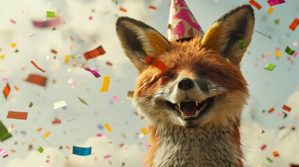 Obraz premium A photorealistic fox is smiling while wearing a party hat with confetti on its head