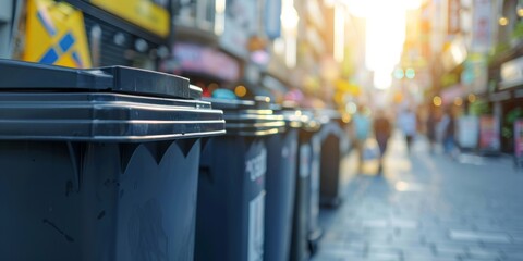 Multiple trash cans lined up along the side of a city street - obrazy, fototapety, plakaty