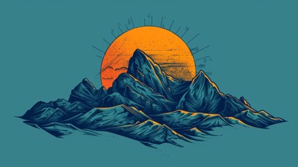 Sunrise behind snowy mountain illustration - Artistic illustration of a pristine sunrise cascading over snowy mountain peaks, conveying serenity and nature's beauty