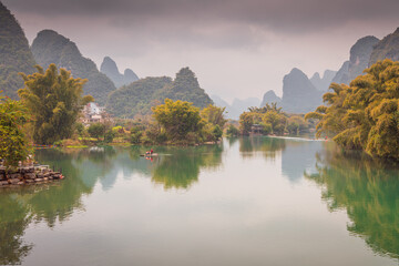 Landscape of Guilin, rural areas. Karst mountains, farmland and small villages