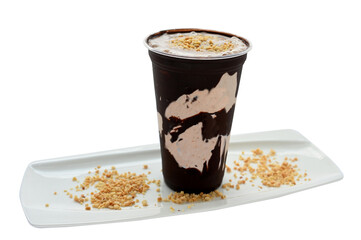 Panoramic still life of ice cream slush frozen colorful frozen fruit granita drinks flowing into takeaway plastic cups with ice cream straws flavor