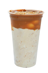 Panoramic still life of ice cream slush frozen colorful frozen fruit granita drinks flowing into takeaway plastic cups with ice cream straws flavor