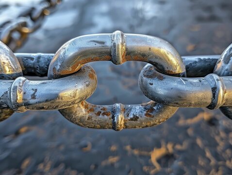 Detailed shot of a metallic chain link, emphasizing strength and the detailed texture of metal.