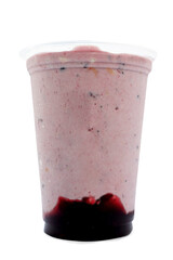 Panoramic still life of ice cream slush frozen colorful frozen fruit granita drinks flowing into takeaway plastic cups with ice cream straws flavor