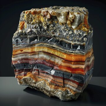 Detailed view of the layers in a cross section of sedimentary rock, telling the geological history of Earth.