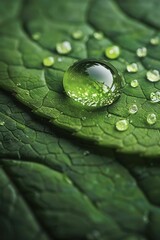Extreme close up of a water droplet on a leaf, focusing on the purity and simplicity of the droplet's surface.