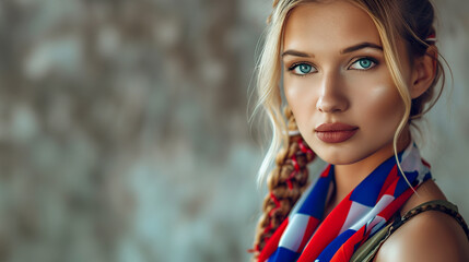 A portrait of a beautiful Croatian woman highlighted by the vibrant colors of the Croatian flag. Croatian woman of natural beauty in feeling of national pride.