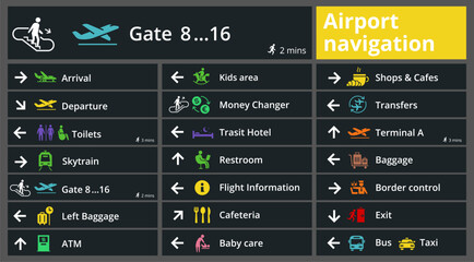 Set of icon airport public navigation. Transport transfer arrival and more. Flat color sign template. - 780182911