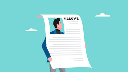 resume or CV, present business profile to apply for new job concept, businessman holding his resume printed paper present his working profile for hiring concept vector illustration