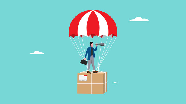 dropshipping business opportunity, businessman using binoculars while riding a flying parachute with package concept vector illustration