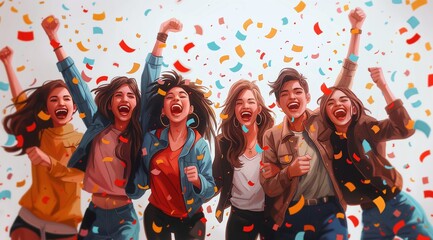 Fototapeta premium Young people, birthday party and celebration, jumping and laughing happily, ribbon paper confetti