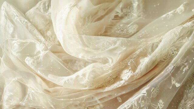Intricate, delicate designs intertwine in a close-up of elegant lace fabric, forming organic patterns reminiscent of flowers and leaves. 