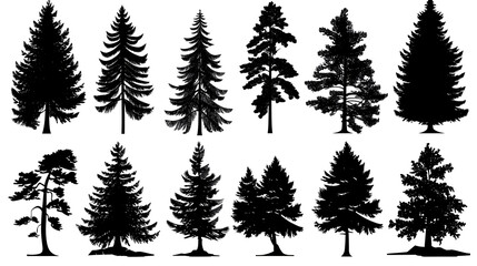 set of silhouettes of trees on white - obrazy, fototapety, plakaty
