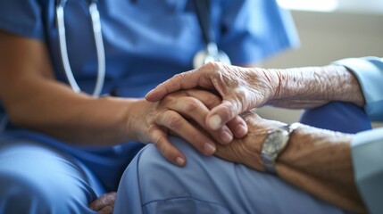 A nurse holding the hand of an elderly patient both with peaceful smiles on their faces. Despite the struggles and pain they may be going through this moment captures their shared .