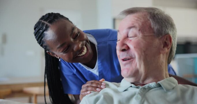 Old man, nurse and happy conversation for healthcare caregiver or empathy care, retirement or rehabilitation. Elderly person, medical worker and couch discussion for relaxing, joke or communication