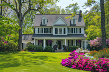 A classic American home with white walls, black shutters and gray roof surrounded by lush green grass on the front lawn.