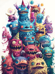 birthday party of monsters on white background