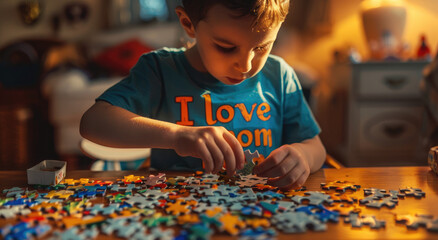 A child is sitting at the table and playing with puzzle pieces, holding one in his hand