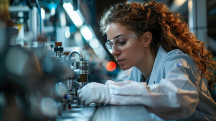 Fototapeta na wymiar Dedicated Female Engineer Working Precisely in Lab