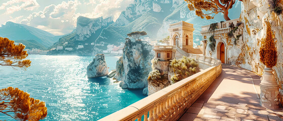 Picturesque Amalfi Coast Village Nestled Against Steep Cliffs, Emblematic of Italys Stunning Mediterranean Landscape - obrazy, fototapety, plakaty