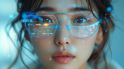 Woman with futuristic smart glasses displaying holographic data.