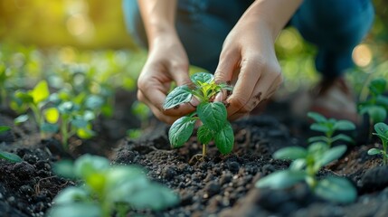 Close-up of hands planting a young sapling in soil with sunlight.