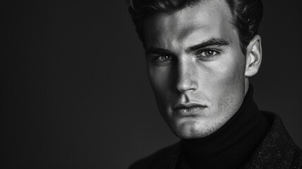 Obraz premium A man with defined cheekbones and a sharp jawline looks effortlessly sophisticated in a black and white portrait his serious expression softened by the elegant simplicity of the monochromatic .