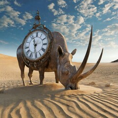 melted clocks in an arid sand landscape at midday a long-legged rhinoceros - obrazy, fototapety, plakaty